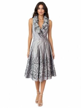 Adrianna Papell Blue Iridescent Ruffle Collar Midi Dress Size 6 Wedding Guest